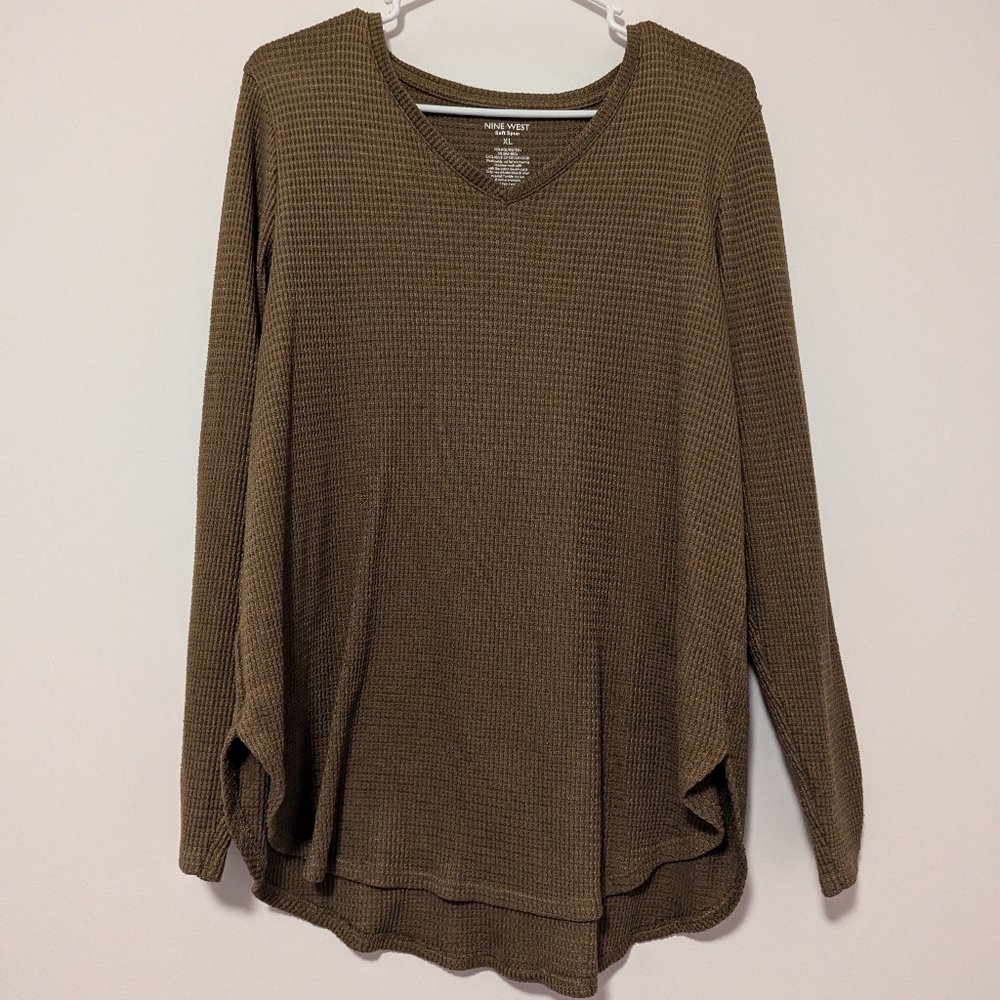 Women's XL Olive Green V-Neck Waffle Knit Top By Nine West